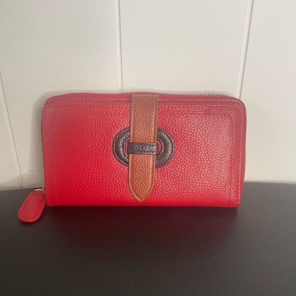 Red Hat Ladies Society Pebbled Leather Wallet Red Zip Around Purple Interior - Picture 1 of 9